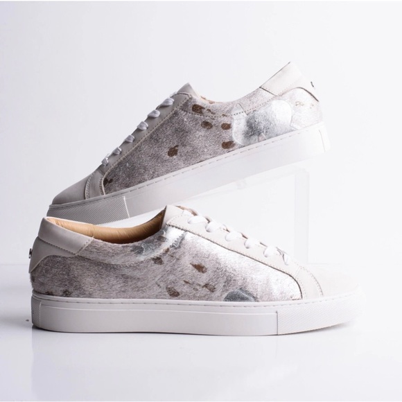 New J/SLIDES 9 Women's White real calf hide cow brown pony Sneakers lace metalli - Picture 3 of 12